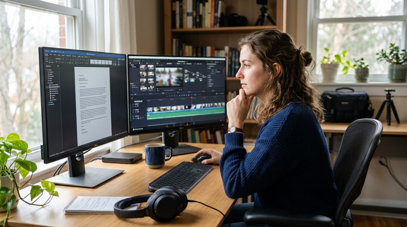 A freelance designer at a desk reviewing a generated application pack on a laptop